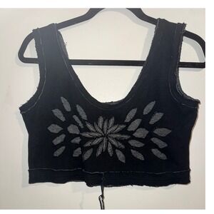 Ohm Black Distressed Floral Cutout Crop Top XS Grunge Y2K